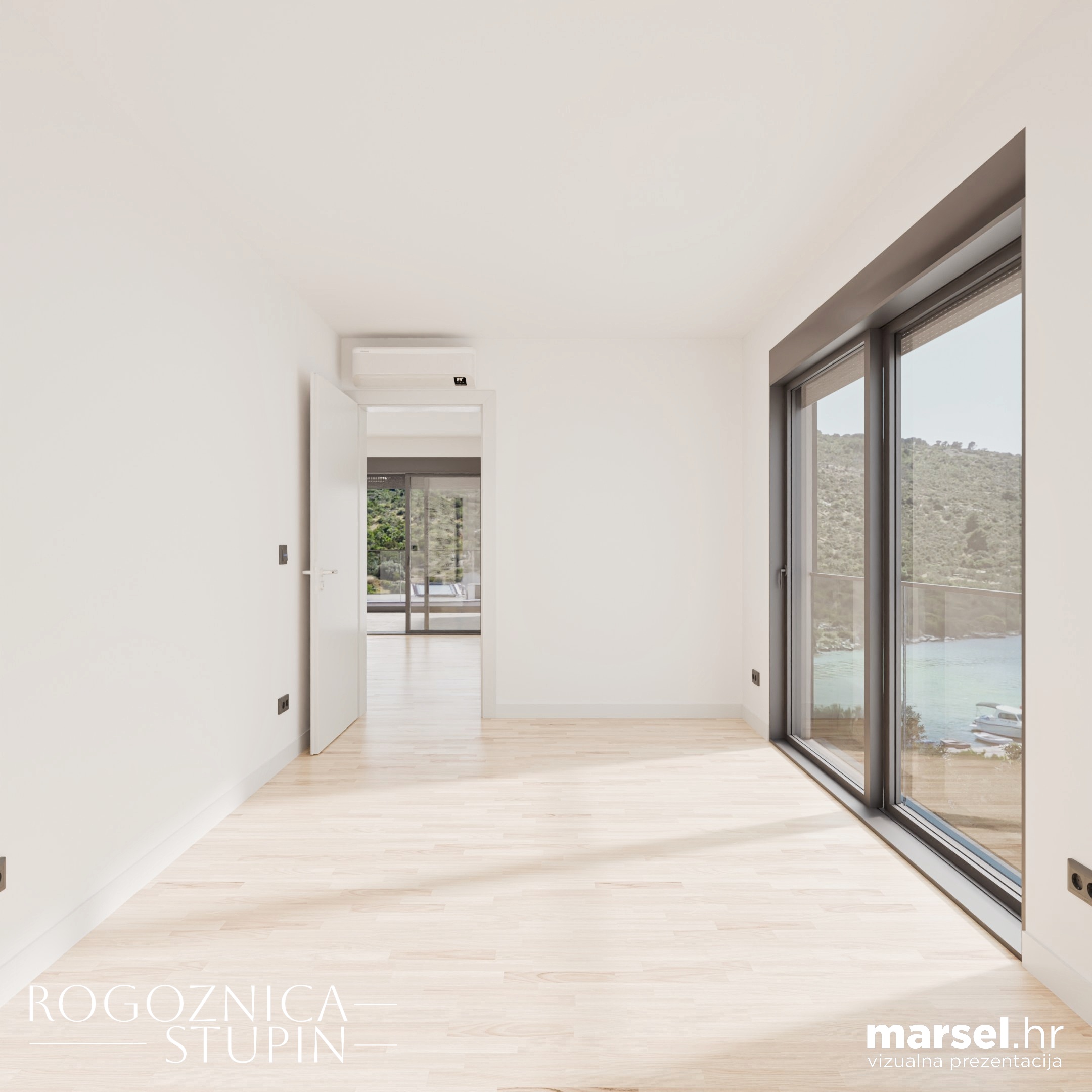 Vizualizacija interijera apartmana u novogradnji Rogoznica Stupin. Prostrani i svijetli unutarnji prostori s pogledom na more, idealni za stanovanje ili investiranje u apartman na dalmatinskoj obali.